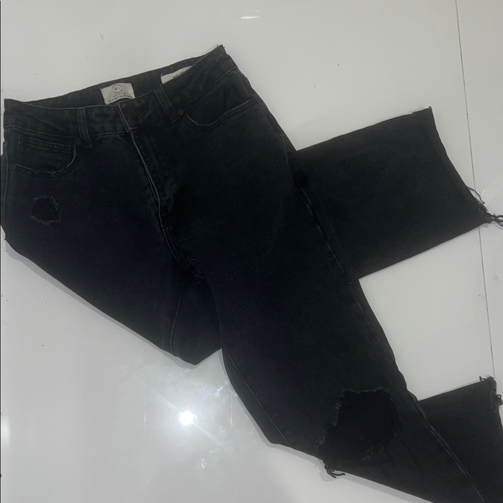 Cotton on 91 mid straight black denim jeans with distressed holes- Y2K grunge
